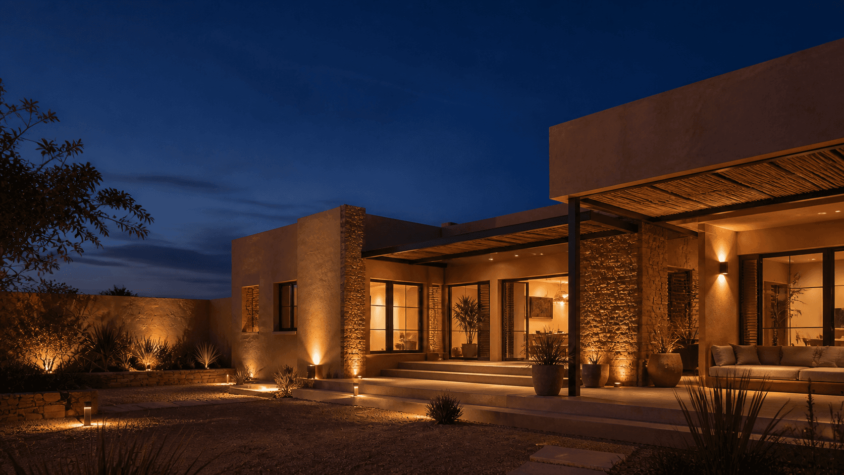 Visualisation architecturale d’une maison contemporaine en terre et pierre à la tombée du jour